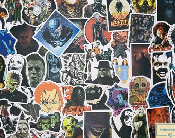 May include: A collection of horror movie character stickers. The stickers feature various characters from popular horror films, including Freddy Krueger, Jason Voorhees, Michael Myers, and Chucky. The stickers are printed on high-quality vinyl and are perfect for decorating laptops, water bottles, notebooks, and more.