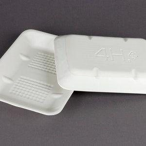 May include: Two white, disposable, molded pulp food containers. The top container has the text "4H" printed on it.