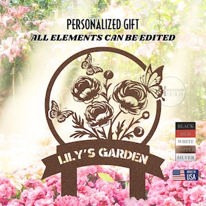 Custom Metal Garden Sign Peony Flowers Garden Metal Stake With Butterfly Flower Garden Decor Personalized Garden Decor Rustic She Shed Decor