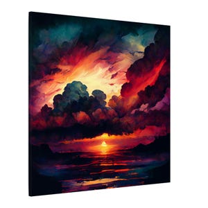 May include: A vibrant canvas print depicting a sunset over a body of water. The sky is filled with dramatic clouds in shades of red, orange, and purple, with a bright yellow sun setting on the horizon. The water reflects the colors of the sky.
