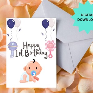 Biglietto di auguri personalizzato per il primo compleanno, biglietto di auguri stampabile per il primo compleanno, biglietto di auguri per il primo compleanno per bambino e bambina, download immediato, biglietto stampabile