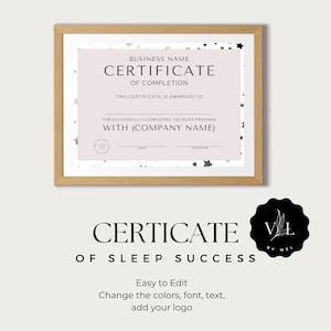 Puede incluir: Una plantilla de certificado imprimible con fondo rosa y estrellas plateadas. El texto dice "BUSINESS NAME CERTIFICATE OF COMPLETION THIS CERTIFICATE IS AWARDED TO FOR SUCCESSFULLY COMPLETING THE SLEEP PROGRAM WITH (COMPANY NAME) DATE SIGNATURE".