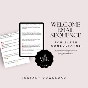 Puede incluir: Imagen de producto digital con el texto «WELCOME EMAIL SEQUENCE FOR SLEEP CONSULTANTS». La imagen incluye una tableta que muestra texto sobre el sueño del bebé, un logotipo y las palabras «DESCARGA INSTANTÁNEA».