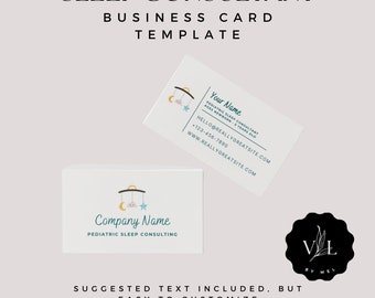 May include: A white business card template for a pediatric sleep consultant. The card features a blue and white mobile with stars and clouds. The text on the card reads "Company Name" and "Pediatric Sleep Consulting".