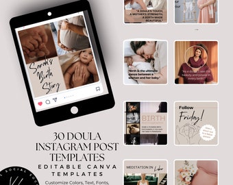 50 plantillas de publicaciones de Doula en Instagram, redes sociales para trabajadores posparto, servicios de parto, publicaciones de marketing de contenido de Doula, editables en Canva
