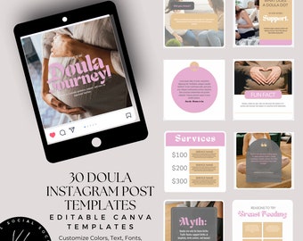 50 plantillas de publicaciones de Doula en Instagram, redes sociales para trabajadores posparto, servicios de parto, publicaciones de marketing de contenido de Doula, editables en Canva