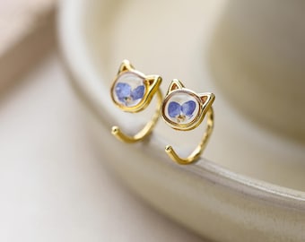 Real Forget Me Not Cat Earrings, Handmade Pressed Flower Cat Stud Earrings, Cat Lover Gift, Nature Jewelry