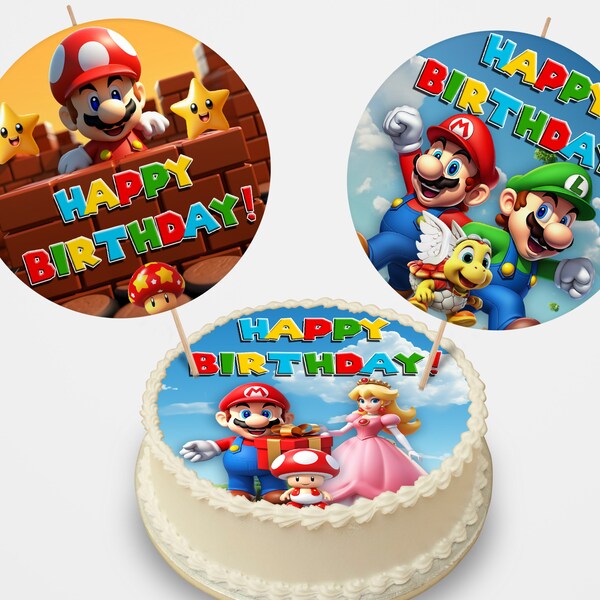 Image de gâteau et topper pour décor de fête Super Mario, gâteau d’image d’anniversaire imprimable, topper de gâteau Mario et Luigi, décor de fête Mario Brothers