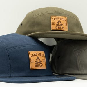 Camping hat, Yupoong 7005 low profile, flat bill, adjustable strap, sewn leather patch, Camp Vibes Only