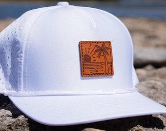 Water-Resistant Rope Hat - Seaside Serenity, Leather Patch, Outer Wings 970, High Profile, Mesh Back, Adjustable Trucker, Coastal Adventure