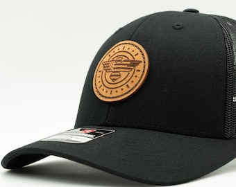 Richardson 115 Low Profile Leather Patch Hat - American Eagle Patch hat - Handcrafted in USA - Adjustable SnapBack - Small 115 and M/L 115