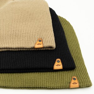 Leather patch beanie, Richardson 147 slouch, ribbed knit acrylic, warm winter cap, handmade in North Carolina, Outer Wings Emblem
