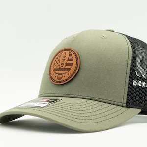 Leather Patch Trucker Hat, Richardson 112FP Five Panel, Handmade in Colorado, Mesh Back Adjustable, 1776 Eagle