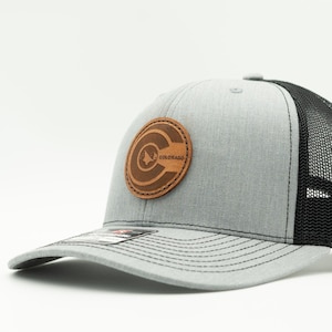 Leather patch hat, Richardson 112 mid profile, mesh back, snapback, handmade in NC, Colorado Flag