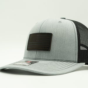 American Flag Blacked Out Trucker Hat - Richardson 112 Small and M L, Leather Patch, Made in USA, Laser Engraved, Adjustable Snapback.
