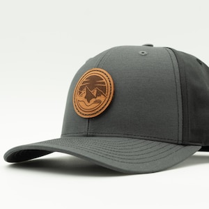 Mountain hat, Richardson 312 mid profile trucker, mesh back, snapback, sewn real leather, Mountain View