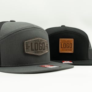Custom Leather Patch Hats, no minimum, bulk order, flat bill trucker, seven panel snapback, engraved and stitched | Richardson 168