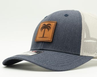 Richardson 115 Stitched Leather Patch Hat, Solo Palm. Mesh Back Black and Grey Headwear, Comfortable Sewn Lid, Handmade Custom Trucker Cap