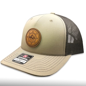 Richardson 112 Leather Patch Hat. Custom Outdoor Compass Design  Patch. Laser Engraved and Sewn On, Handcrafted Adjustable 5 Panel