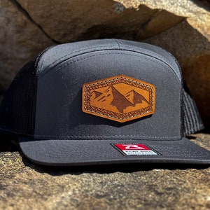Leather patch trucker hat Richardson 168 seven panel flat bill snapback high profile mesh back sewn Denali
