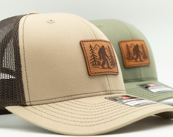 Bigfoot Leather Patch Trucker Hat: Sasquatch Outdoors Snapback - Richardson 112 - Mountain Myth