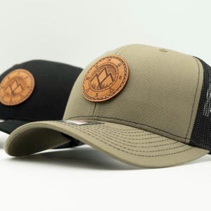 Mountain Trucker Hat for Men – Compass Leather Patch Snapback – West Pine Hat on Richardson 112