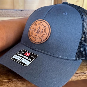 Richardson 115 Hand-Sewn Real Leather Patch Hat – Lost Pines Design on a Low Profile Trucker, Adjustable Compass Cap, Great for Adventurers
