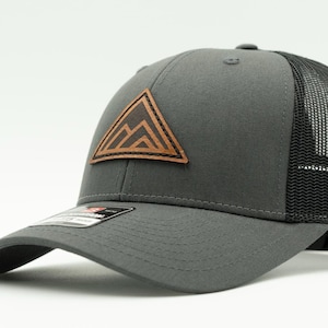 Richardson 115 and 112 Hat with Dark Mountain Leather Patch Design - Modern and Stylish Accessory for Men and Women. Handmade and Sewn