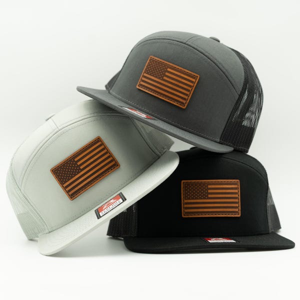 Sewn American Flag Patch Hat - Real Stiched leather - USA  7 Panel  Trucker Flat Bill Snapback Mens Adjustable Richardson 168 Blacked Out