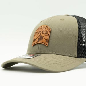 Richardson 115 Leather Patch Trucker Hat - Wild And Free, Low-Profile Adjustable Mesh Back Cap with Inspirational Quote - Small and MD/L