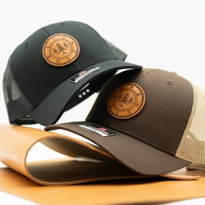Richardson 115 Hand-Sewn Real Leather Patch Hat – Lost Pines Design on a Low Profile Trucker, Adjustable Compass Cap, Great for Adventurers