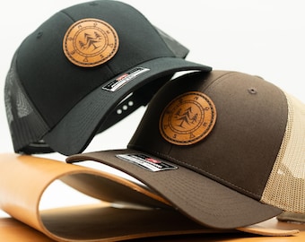 Richardson 115 Hand-Sewn Real Leather Patch Hat – Lost Pines Design on a Low Profile Trucker, Adjustable Compass Cap, Great for Adventurers