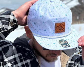 Ski Print Imperial Umpqua flatbill Rope Hat with Gondola Stitched Real Leather Patch - outdoor adventures hat for mountain enthusiasts