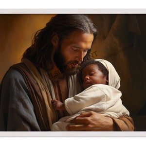 This is a heart-warming painting of Jesus Christ holding a baby.