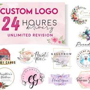 May include: A collage of 10 different logo designs featuring watercolor illustrations. The logos include a red barn, a cup of coffee, a bird, a dog, flowers, and more. The text "CUSTOM LOGO 24 HOURS DELIVERY UNLIMITED REVISION" is at the top of the image.