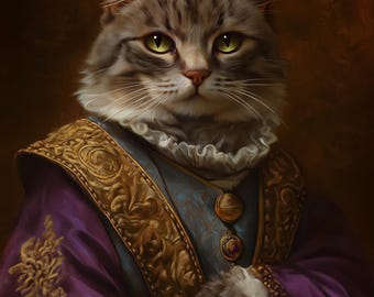 May include: A portrait of a cat dressed in a purple and gold robe with a white lace collar. The cat has green eyes and a serious expression.