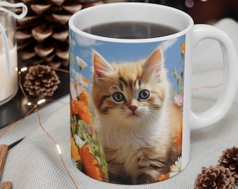 Kitten Coffee Mug: Floral Cat Lover Gift