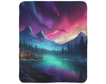 Northern Lights Fleece Sherpa Blanket | Aurora Borealis Cabin Scene, Colorful Sky