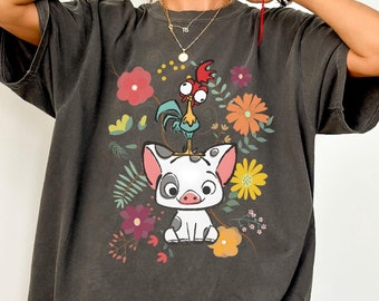 Comfort Colors® Hei Hei And Pua Shirt, Retro 70s Pua And Hei Hei Floral Shirt, Disney Moana Shirt, Disney Friends Shirt