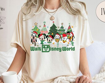 Comfort Colors® Vintage Walt Disney World-kerstshirt, kerstshirt Mickey en vrienden, kerstshirt familie, Disney vakantieshirt