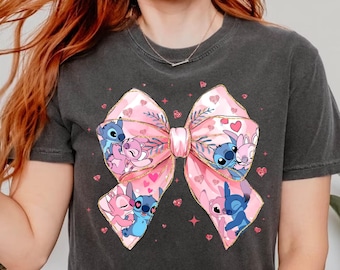 Comfort Colors® Stitch And Angels Valentines Day Shirt, Disney Lover Shirt, Disney Stitch And Angel Shirt, Pink Bow Shirt, Stitch Bow Tee