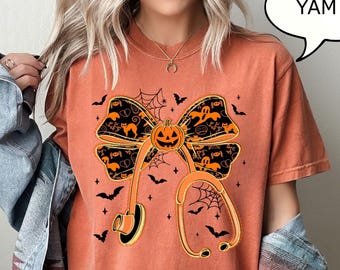 Comfort Colors® Halloween Nurse T-Shirt, Fall Nurse Shirt, Stethoscope Nurse Shirt, Spooky Coquette Nurse Shirt, Stethoscope Bow Shirt