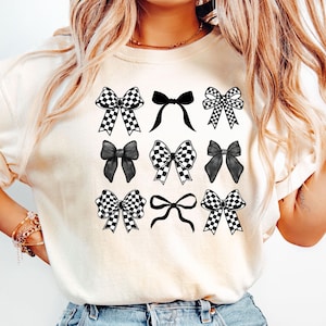 Comfort Colors® Checkered Bow T-Shirt, Coquette Bow Shirt, Bows Shirt, Black Bow Shirt, Retro T-Shirt