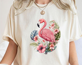 Camicia fenicottero Comfort Colors®, camicia estiva floreale, camicia fenicottero fresca, camicia amante degli animali, regalo per la mamma, regalo per lei, maglietta fenicottero da donna