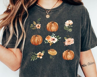 Camisa de calabaza floral Comfort Colors®, camiseta estética de temporada de calabaza, camisa de calabaza, camisa de calabaza de Acción de Gracias, camisa de Halloween de calabaza