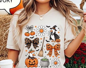 Comfort Colors® Coquette Bow Halloween T-Shirt, Spooky Duck Shirt, Farm Halloween Tee