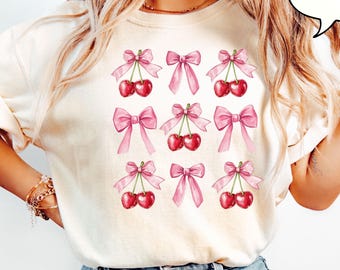 Camiseta con lazo rosa Coquette de Comfort Colors®, camiseta con cerezas, camiseta con cerezas Coquette, regalo de San Valentín, camiseta de San Valentín