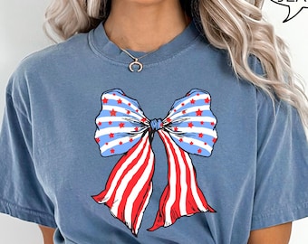 Comfort Colors® Patriotic Bow T-Shirt, American Flag Bow Shirt, 4th Of July Shirt, Patriotic Woman Shirt, America Shirt