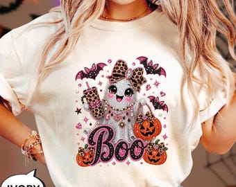 Comfort Colors® Coquette Bow Ghost T-Shirt, Halloween Girl Shirt, Boo Halloween Tee