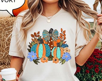Comfort Colors® Coquette Bow Pumpkin T-Shirt, Autumn Floral Shirt, Thanksgiving gift